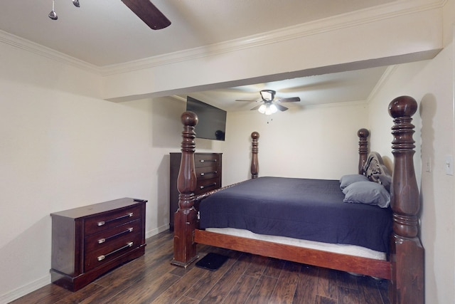 bedroom with dark wood-type flooring, ceiling fan, and crown molding