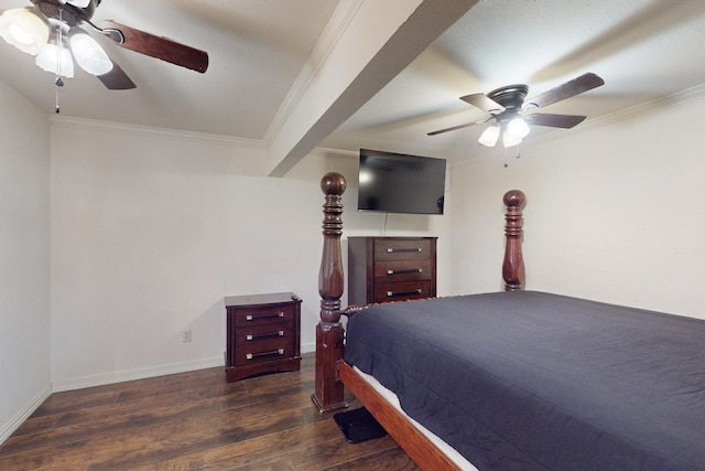 bedroom featuring dark wood-type flooring, ceiling fan, and ornamental molding