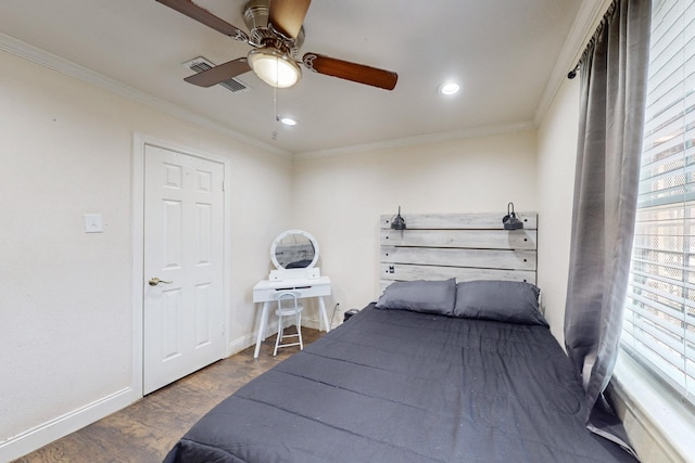 bedroom with ornamental molding, dark hardwood / wood-style floors, and ceiling fan