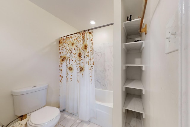 bathroom with shower / bath combination with curtain and toilet