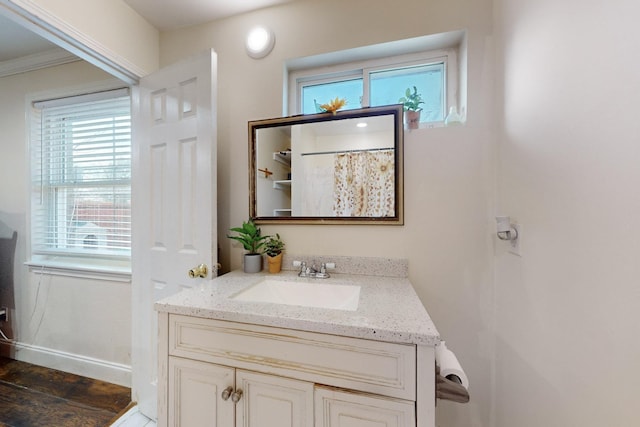 bathroom with crown molding and vanity