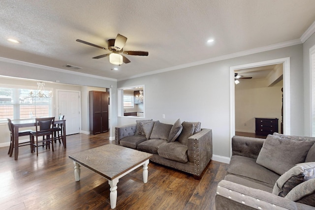 living room with ornamental molding, a wealth of natural light, a textured ceiling, and dark hardwood / wood-style flooring