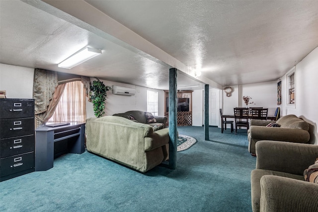 carpeted living room featuring a textured ceiling and an AC wall unit