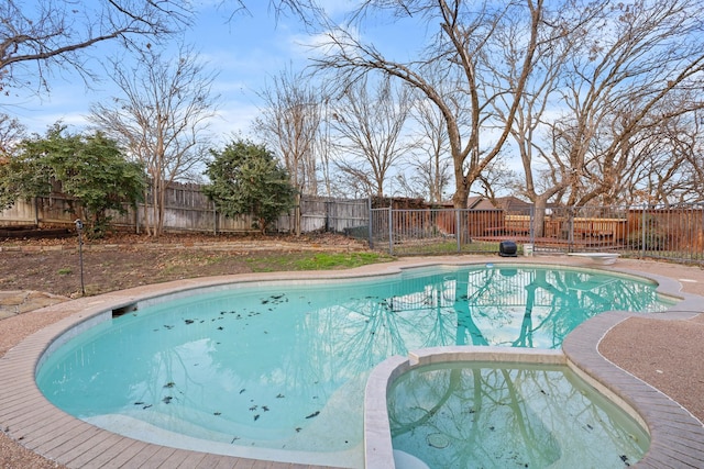 view of swimming pool featuring a diving board