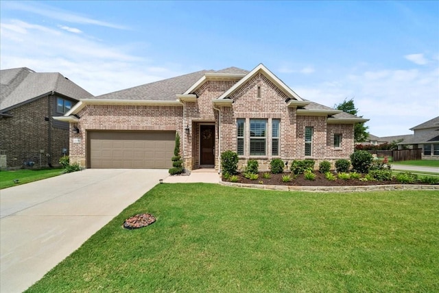 craftsman inspired home featuring a garage and a front yard