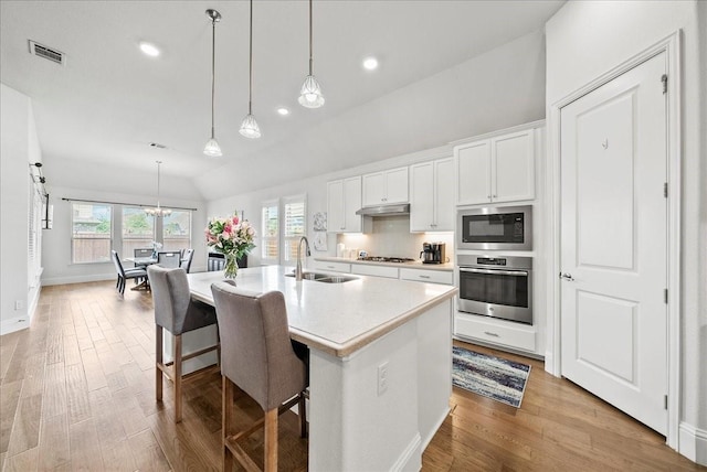 kitchen featuring vaulted ceiling, sink, white cabinets, stainless steel appliances, and a center island with sink