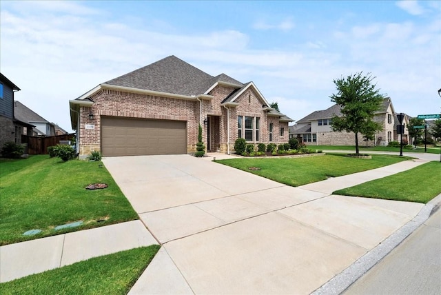 craftsman inspired home with a garage and a front lawn