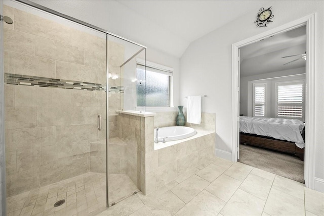 bathroom featuring tile patterned flooring, plus walk in shower, lofted ceiling, and ceiling fan