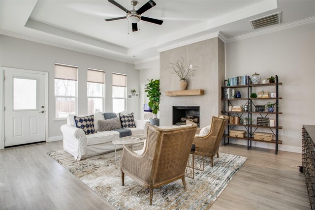 living room featuring a fireplace, light hardwood / wood-style floors, and a raised ceiling