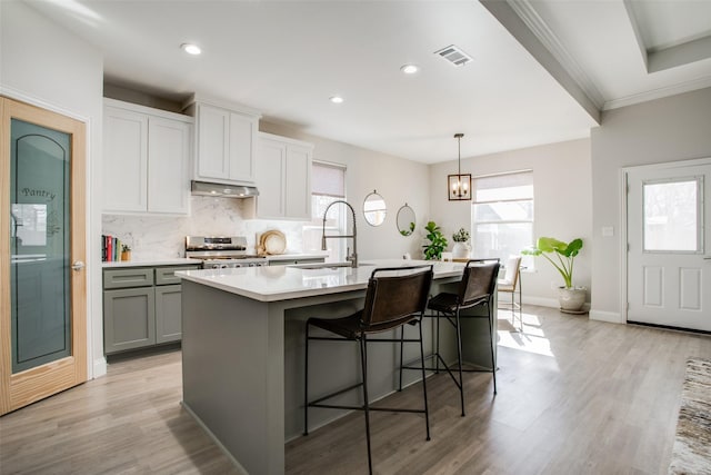 kitchen with sink, light wood-type flooring, range, and a center island with sink