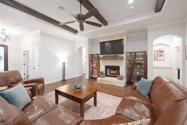 living room with a raised ceiling, ornamental molding, hardwood / wood-style floors, and a fireplace