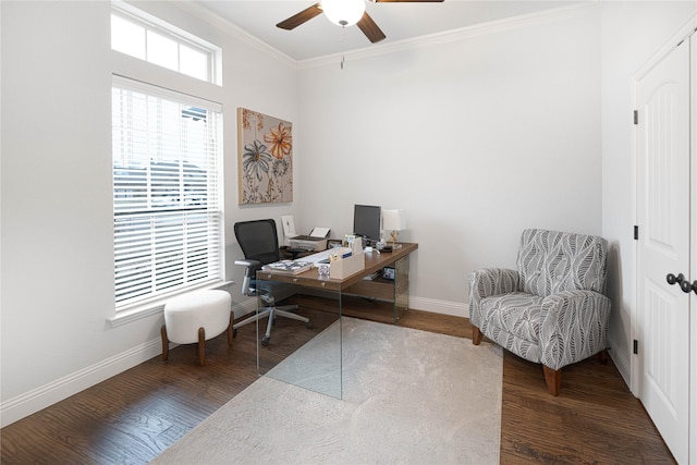 office area featuring crown molding, dark wood-type flooring, and ceiling fan