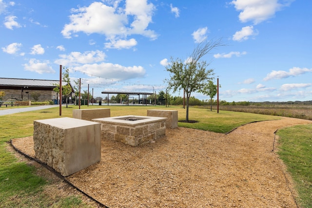 view of community with a lawn and an outdoor fire pit