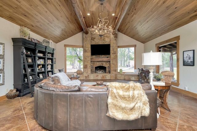 tiled living room featuring lofted ceiling with beams, a stone fireplace, a notable chandelier, and wood ceiling