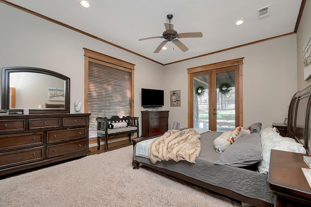 bedroom featuring ornamental molding, access to exterior, ceiling fan, and french doors