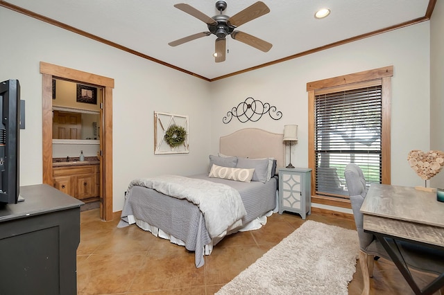 bedroom with crown molding, ceiling fan, and light tile patterned floors