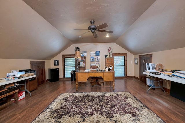 office featuring vaulted ceiling, dark wood-type flooring, and ceiling fan