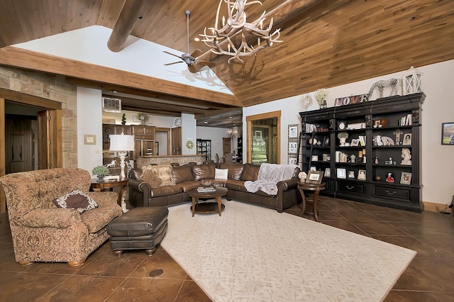 living room with high vaulted ceiling, wooden ceiling, dark tile patterned flooring, beamed ceiling, and ceiling fan with notable chandelier