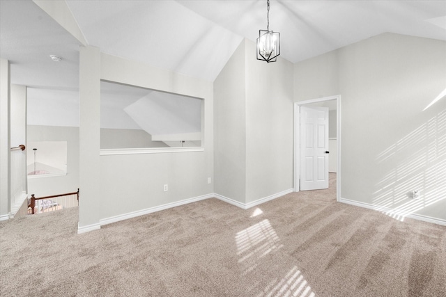 interior space featuring lofted ceiling and a chandelier