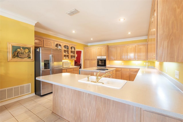 kitchen with light brown cabinetry, sink, stainless steel fridge with ice dispenser, kitchen peninsula, and wall oven