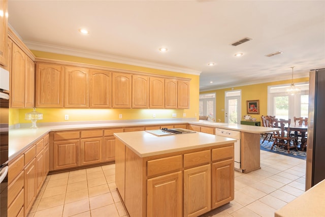 kitchen featuring a center island, light tile patterned floors, stainless steel refrigerator, white dishwasher, and kitchen peninsula