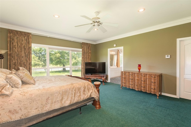 carpeted bedroom featuring crown molding, ceiling fan, and ensuite bathroom