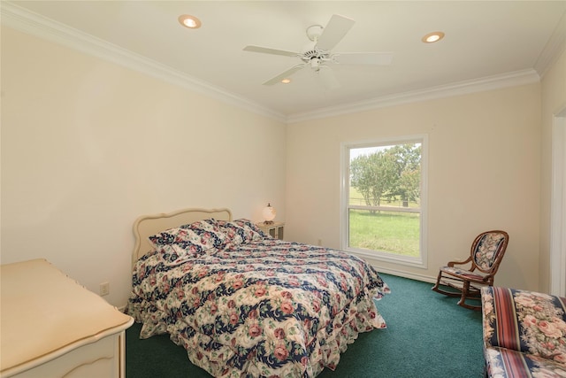 carpeted bedroom featuring crown molding and ceiling fan