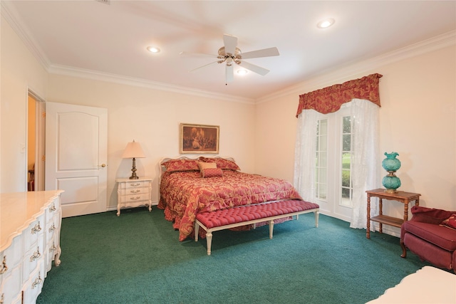 bedroom with dark colored carpet, ornamental molding, recessed lighting, access to outside, and ceiling fan