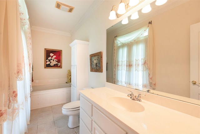 bathroom with tile patterned flooring, vanity, a bath, ornamental molding, and toilet