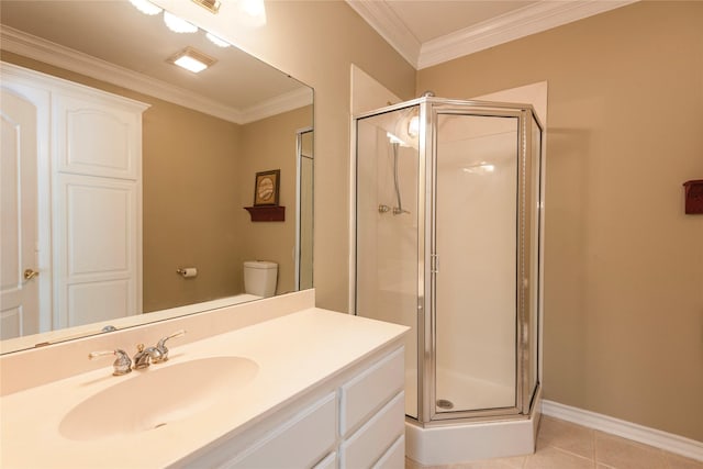 bathroom featuring tile patterned flooring, ornamental molding, toilet, and walk in shower