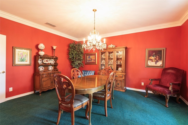 dining area with crown molding, an inviting chandelier, and dark carpet