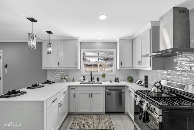 kitchen featuring white cabinetry, appliances with stainless steel finishes, sink, and wall chimney range hood