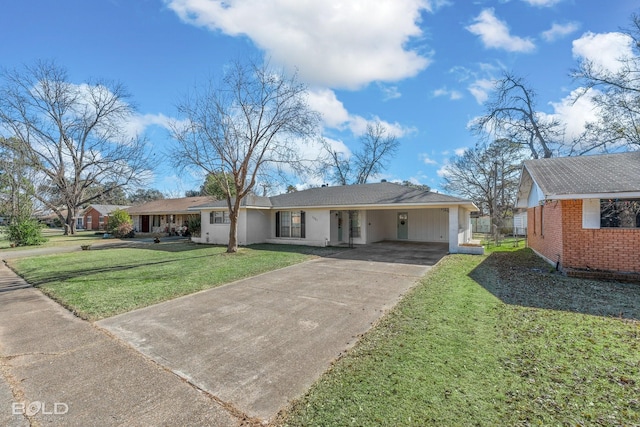 ranch-style house with a carport and a front lawn