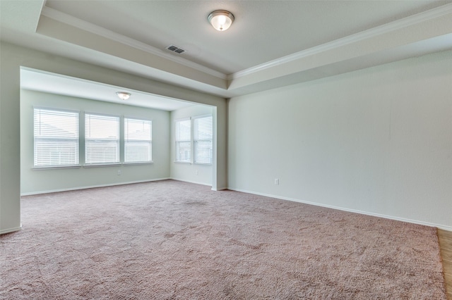 empty room with a raised ceiling, ornamental molding, and light colored carpet