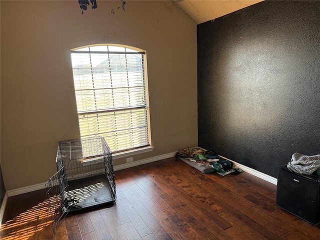 empty room with lofted ceiling and dark hardwood / wood-style flooring