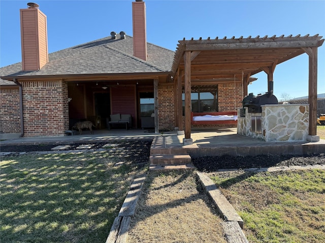 rear view of property featuring a yard, a patio area, and exterior kitchen