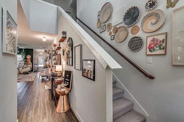 staircase with hardwood / wood-style flooring