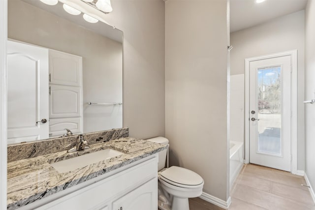 full bathroom featuring tile patterned flooring, vanity, shower / tub combination, and toilet