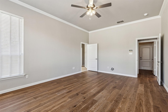 unfurnished bedroom featuring dark wood-type flooring, ceiling fan, crown molding, and multiple windows