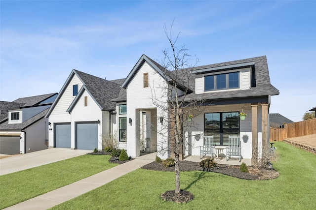 view of front of house with a front yard, a porch, fence, and driveway