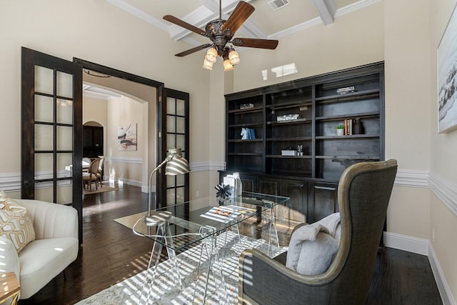 interior space featuring beamed ceiling, crown molding, dark hardwood / wood-style floors, and ceiling fan