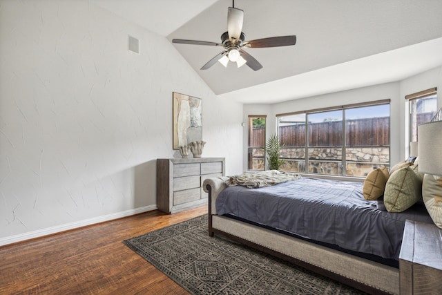 bedroom with wood-type flooring, lofted ceiling, and ceiling fan