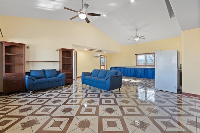 unfurnished living room with lofted ceiling, sink, ceiling fan, tile patterned floors, and an AC wall unit