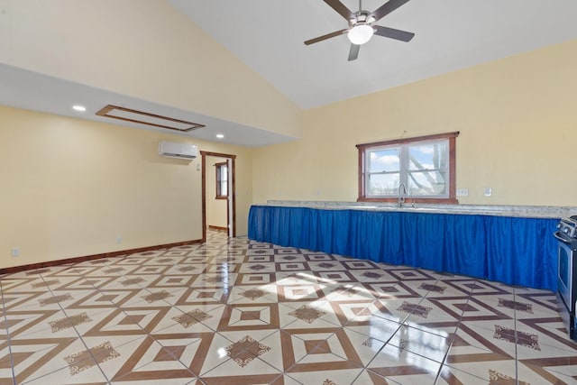 tiled spare room with lofted ceiling, sink, a wall mounted AC, and ceiling fan