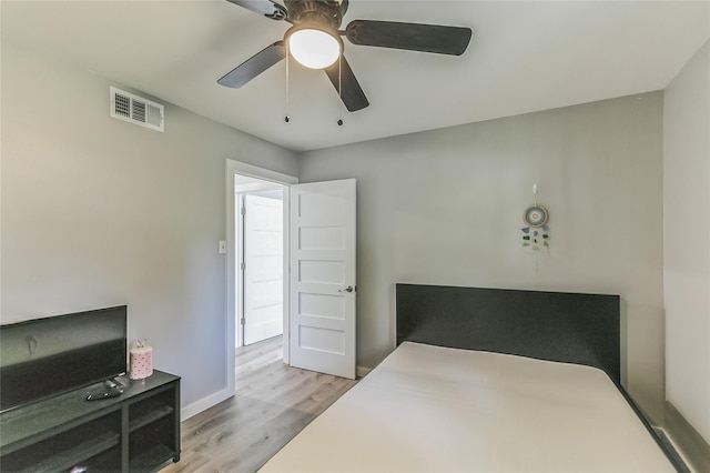 bedroom featuring ceiling fan and light wood-type flooring