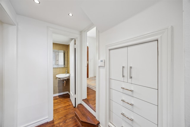 interior space featuring sink and dark hardwood / wood-style floors