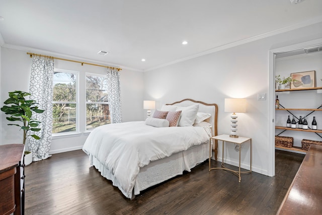 bedroom with crown molding and dark wood-type flooring