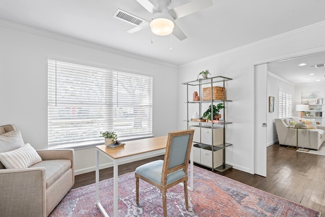 office with crown molding, ceiling fan, and dark hardwood / wood-style floors