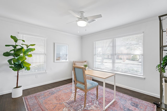 office area with crown molding, dark hardwood / wood-style flooring, and ceiling fan