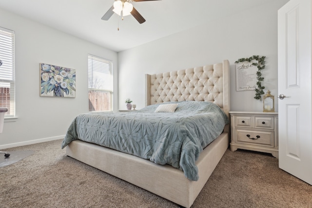 bedroom with ceiling fan and carpet floors